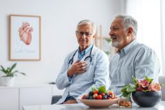 Doctor consults with senior patient in a bright, modern clinic setting. Focus on heart health with a heart diagram visible. Features healthy food and a friendly atmosphere, emphasizing wellness and preventative care for older adults.