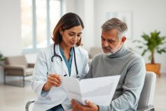 Doctor consults with a senior male patient in a bright, modern clinic. They are reviewing medical documents, highlighting healthcare, patient care, and consultation services. Warm, neutral tones create a professional and reassuring atmosphere.