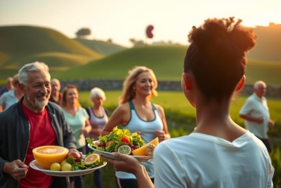 The image shows a group of people in an outdoor setting during what appears to be sunset. The central focus is on individuals sharing and sampling fresh fruit, particularly oranges. 