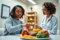 Doctor discussing healthy eating with patient. The image shows a doctor and patient in a clinical setting with a plate of colorful vegetables. Focus on nutrition, wellness, and healthy lifestyle.