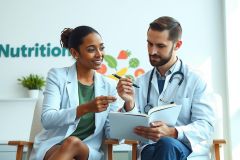 Two doctors in white coats discuss patient records in a modern healthcare setting.  A notebook and pen are visible. The scene highlights medical consultation and professional collaboration.