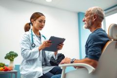 Doctor examining a patient in a medical office. The healthcare professional is using a tablet, likely reviewing medical records. The scene features a bright, clean environment with healthy food visible.