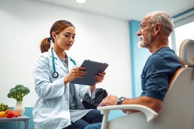 Doctor examining a patient in a medical office. The healthcare professional is using a tablet, likely reviewing medical records. The scene features a bright, clean environment with healthy food visible.