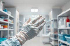 Hand in white protective gloves reaching forward in a clean, sterile laboratory or medical storage room. Shelves filled with cleaning supplies and chemicals are visible in the background. Focus on hygiene and safety in a clinical setting.