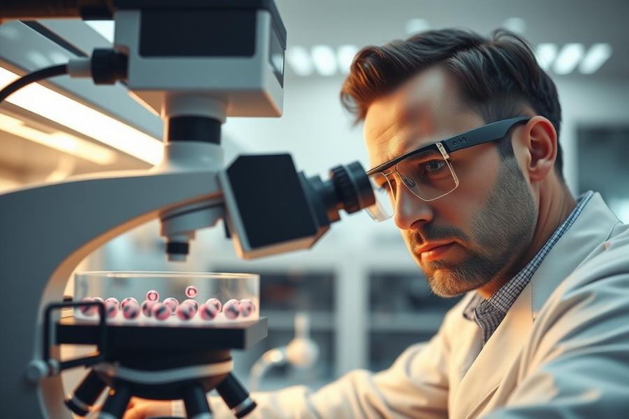 Scientist examining cell cultures under a microscope in a lab. Wearing protective eyewear and a lab coat, he focuses on the samples with concentration.  Laboratory setting, research, biology, science.