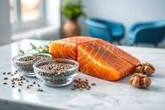 Healthy food concept featuring vibrant orange salmon fillet alongside flax seeds and walnuts on a white marble surface. A bright, modern kitchen setting with blue chairs and a window creates a clean, wellness-focused image. Perfect for recipes and healthy eating content.