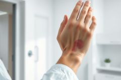 Close-up of a hand with a red fingerprint mark, likely from allergy testing. A medical professional's arm is visible in a clean, white clinical setting. Focus on skin health and diagnostic procedures.