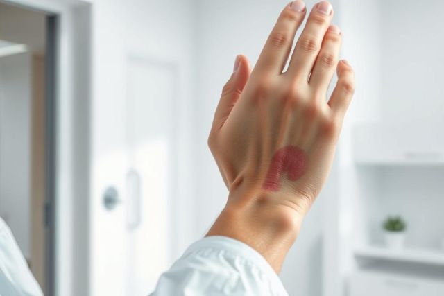 Close-up of a hand with a red fingerprint mark, likely from allergy testing. A medical professional's arm is visible in a clean, white clinical setting. Focus on skin health and diagnostic procedures.