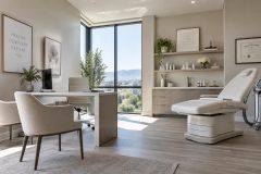 Bright modern cosmetic clinic consultation room with exam chair, desk, shelves, and large window.