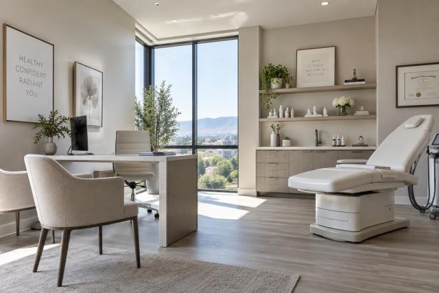 Bright modern cosmetic clinic consultation room with exam chair, desk, shelves, and large window.