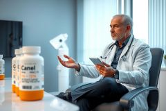Doctor in a white coat discusses medication with a patient, in a modern clinic setting. Focus on healthcare, consultation, and pharmaceutical themes.