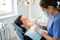 Patient reclined in a dental chair receiving an oral examination from a masked clinician in a modern clinic.