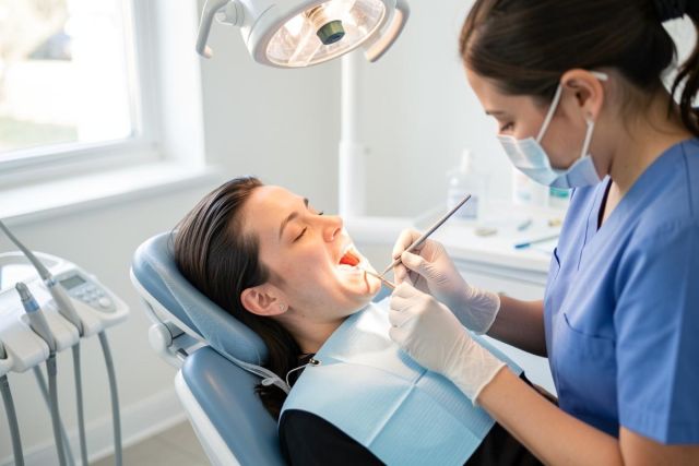 Patient reclined in a dental chair receiving an oral examination from a masked clinician in a modern clinic.