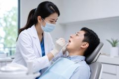 Dentist examining patient in modern clinic chair, performing routine oral check during follow-up.
