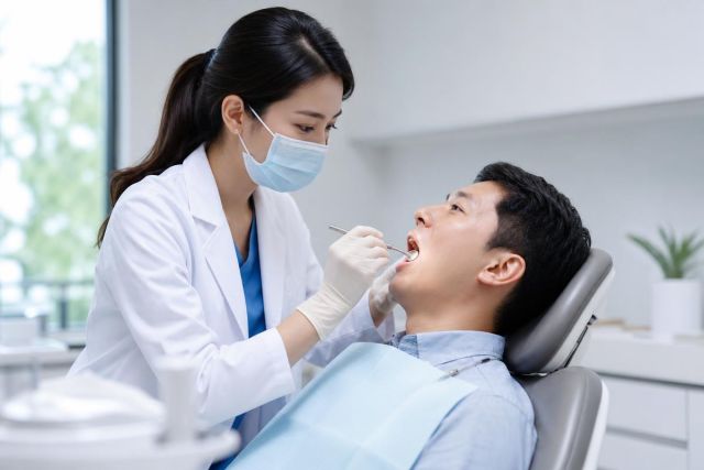 Dentist examining patient in modern clinic chair, performing routine oral check during follow-up.