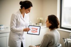 Dentist in a clinic explaining orthodontic tooth alignment and treatment options on a tablet to a seated patient.