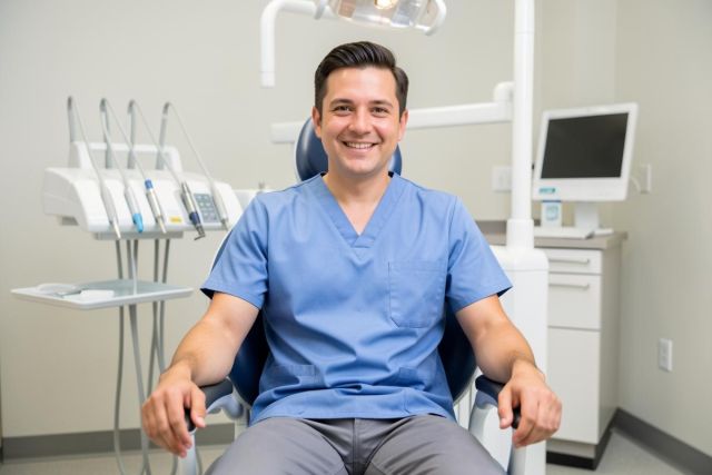 Smiling dental professional seated in an exam chair, ready to discuss treatment continuity and next steps with a patient.