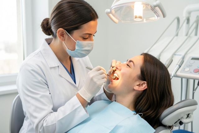 Dentist wearing a mask examines a reclining patient's teeth under a dental lamp during a routine check.