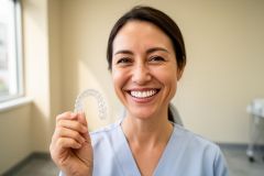 Smiling dental professional holding a clear orthodontic aligner, illustrating retainers and long-term care.