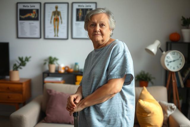 The image shows an elderly woman standing in her living room, wearing a grey t-shirt and holding a cane, suggesting she may be recovering from an illness or injury.