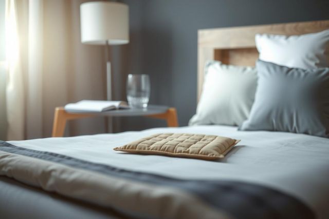 Cozy bedroom scene featuring a bed with soft blankets, pillows, and a textured accent cushion. Warm lighting and a minimalist aesthetic create a serene and inviting atmosphere.