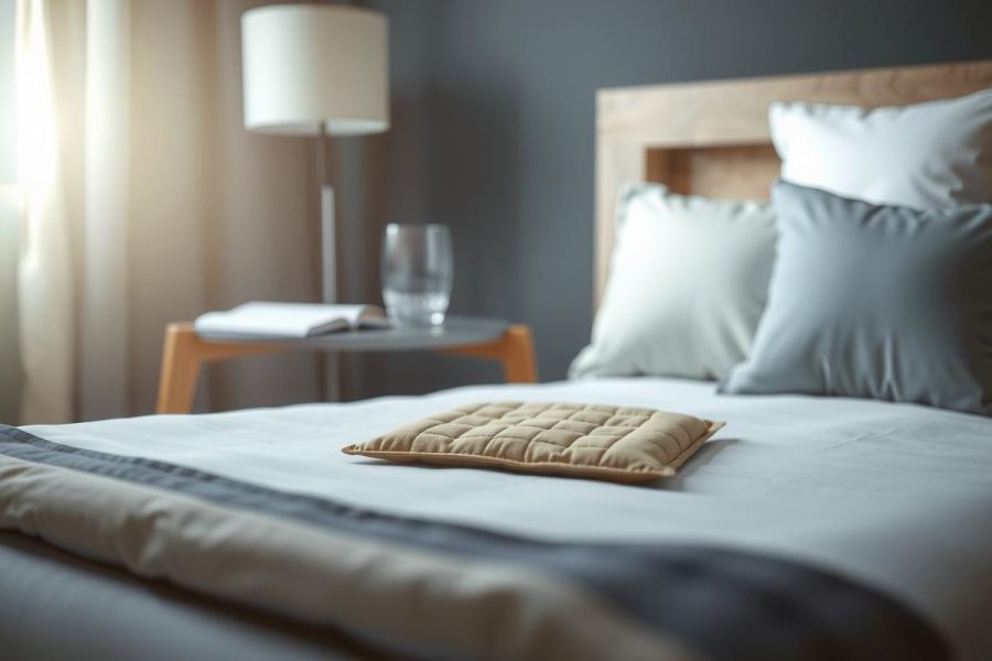 Cozy bedroom scene featuring a bed with soft blankets, pillows, and a textured accent cushion. Warm lighting and a minimalist aesthetic create a serene and inviting atmosphere.