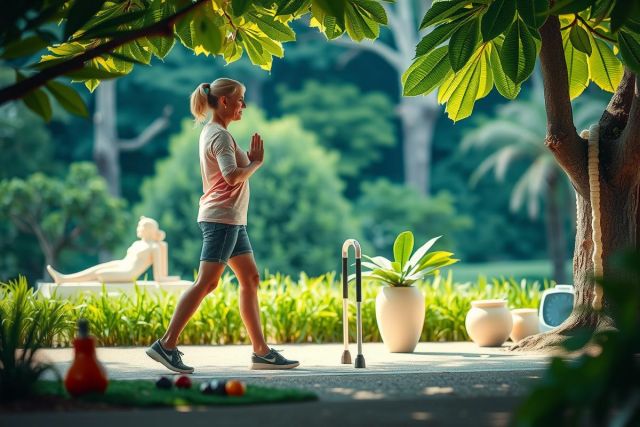 The image shows a young woman jogging outdoors. She is wearing a light pink athletic top and dark shorts, with her hair pulled back into a ponytail. The environment appears to be a well-maintained garden or park, featuring lush greenery including a large tree that provides shade over part of the area.
