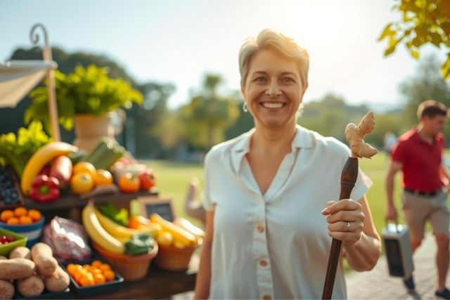 The image shows a cheerful older woman standing amidst an outdoor market, surrounded by fresh produce such as bananas and apples.