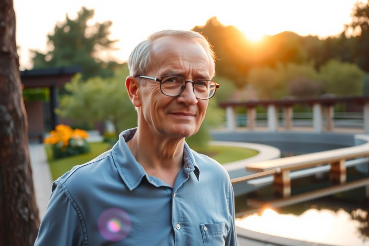 In the image, there is a white-haired man standing in an outdoor setting at sunset. He has glasses and appears to be looking towards something or someone off-camera with a slight smile on his face. His attire suggests a casual setting, possibly after work or during leisure time.