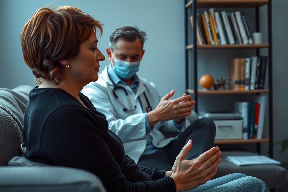The image depicts an indoor scene where a person, presumably a patient, is seated on a couch facing another individual who appears to be a medical professional. The medical professional is sitting, wearing scrubs and a stethoscope around the neck
