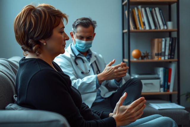 The image depicts an indoor scene where a person, presumably a patient, is seated on a couch facing another individual who appears to be a medical professional. The medical professional is sitting, wearing scrubs and a stethoscope around the neck