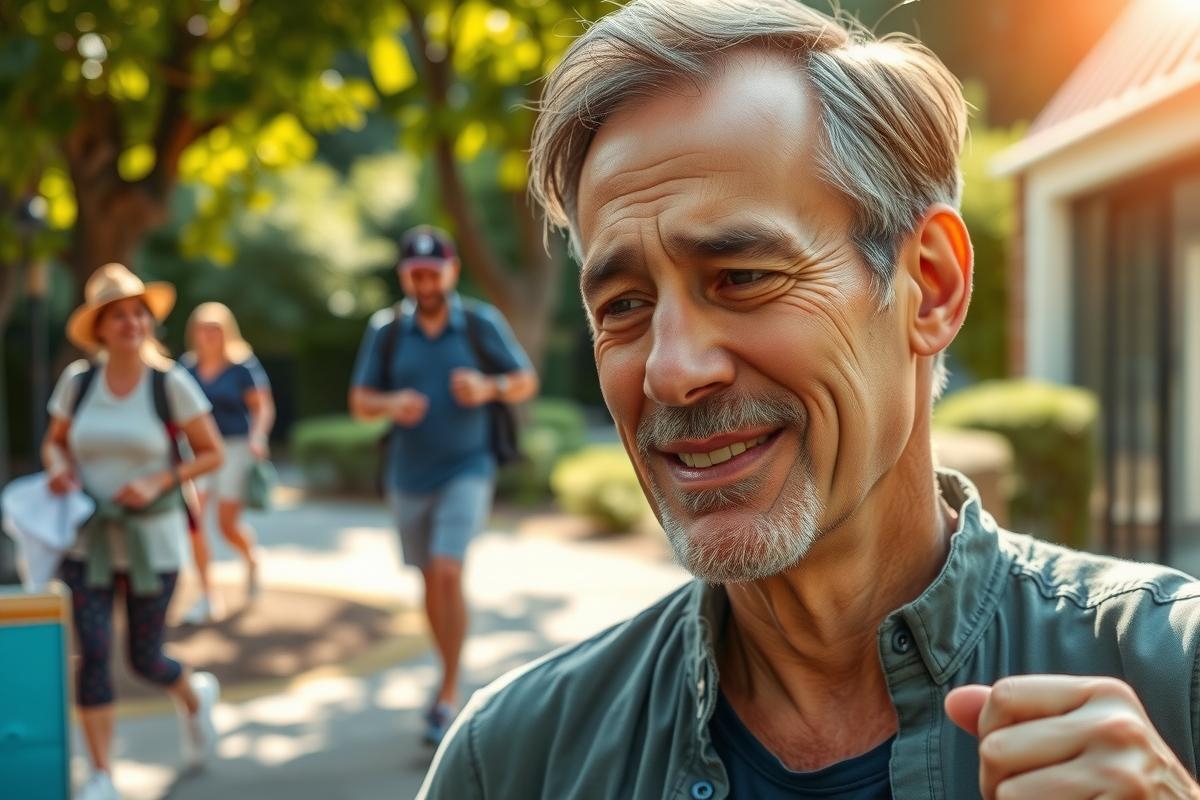 The image features a man in a public outdoor setting. He has short grey hair, is wearing a light-colored shirt and jacket over it, and appears to be engaged in conversation or explaining something.