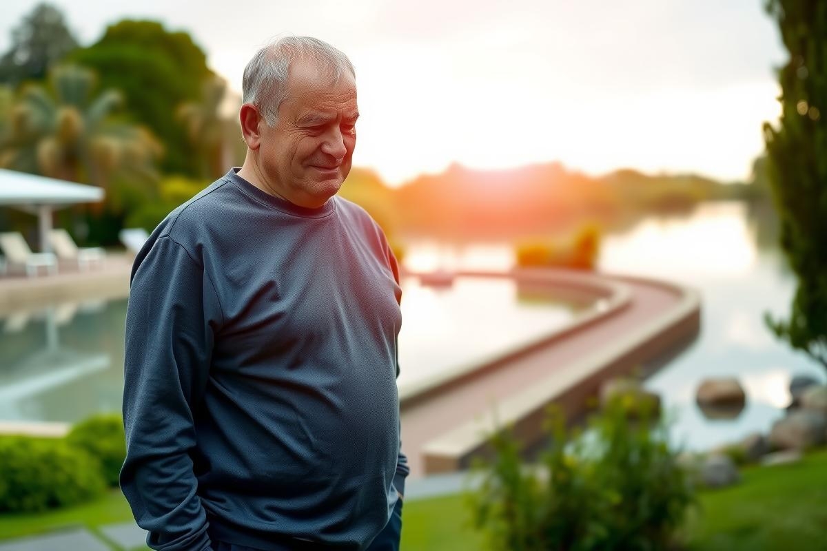 This image features a man standing by the edge of a body of water, likely at sunset. He appears to be contemplating or observing something in the distance.