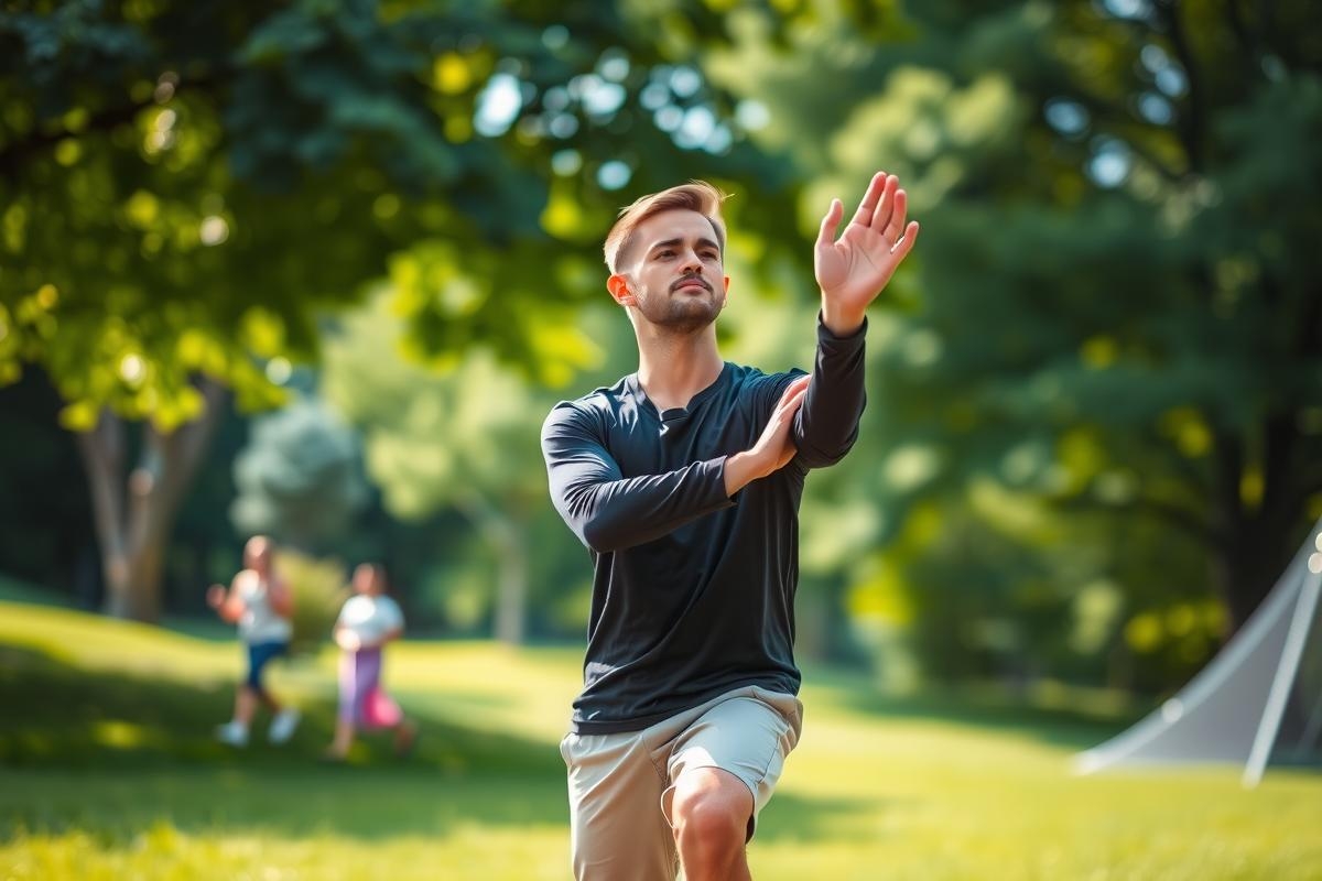 A man in a park, dressed in athletic clothing and engaged in an activity that involves reaching up with his hands extended. He is standing on a grassy area surrounded by trees and other people in the background.