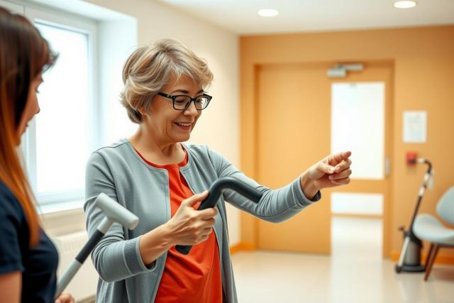 Senior woman with walking canes in a brightly lit room. She is gesturing while talking, demonstrating or explaining something. The setting appears to be a healthcare facility or rehabilitation center.