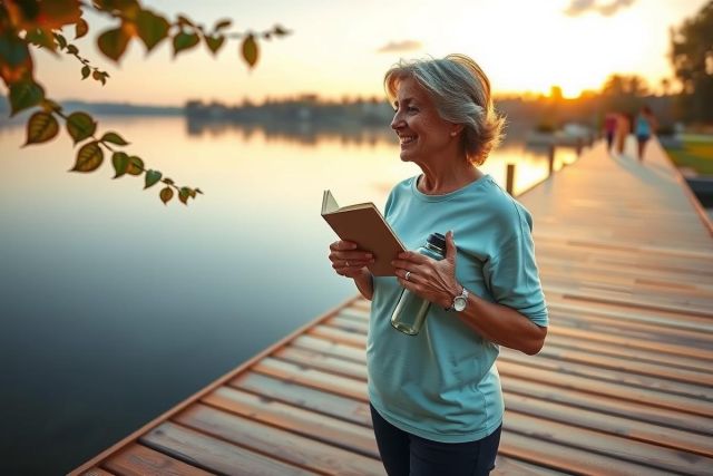 A woman is sitting on a wooden dock at sunset, wearing a blue shirt. She holds a notebook in her hands and appears to be writing or observing something. The scene has a calm and peaceful atmosphere with the warm colors of the setting sun reflecting off the water.