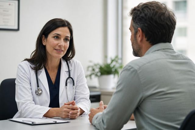 Doctor consulting with patient in clinic, discussing treatment options and care planning at desk.