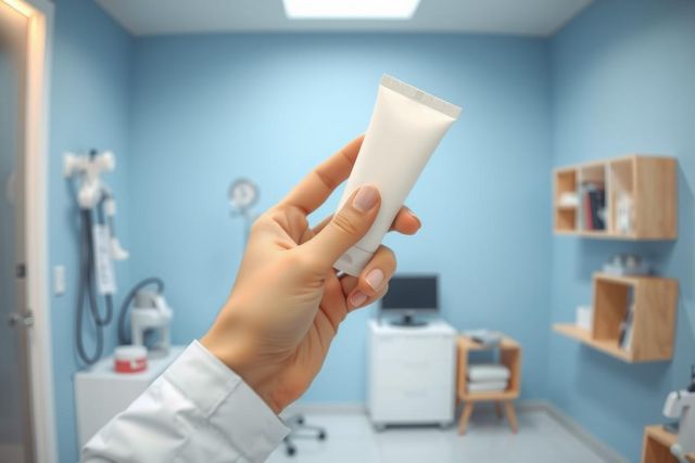 A person in a white coat holds a tube of cream in a medical office. The room has blue walls and features medical equipment and wooden shelving. Focus on health, skincare, and medical setting.