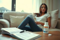 A woman in a comfortable living room environment is seen taking her medicine. She's lying on the couch, holding a glass of water and reading from an open book, suggesting she may be catching up on her health-related literature while managing her prescriptions.