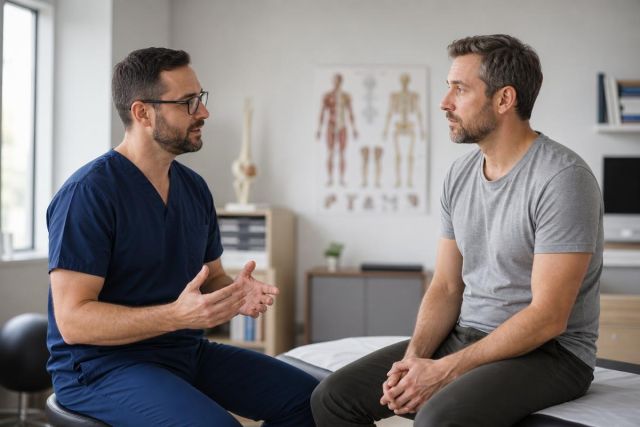 Orthopedic clinician consulting with adult patient in clinic, discussing hip treatment and recovery options.