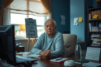In the image, there is an older gentleman sitting at a desk in an office environment. He appears to be deep in thought or perhaps overseeing some work on his computer screen. The room has a blue hue and natural light coming through a window suggests it could be daytime. On the desk, there are various items like papers, books, and a water bottle, indicating an active working space. 