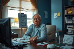 In the image, there is an older gentleman sitting at a desk in an office environment. He appears to be deep in thought or perhaps overseeing some work on his computer screen. The room has a blue hue and natural light coming through a window suggests it could be daytime. On the desk, there are various items like papers, books, and a water bottle, indicating an active working space. 