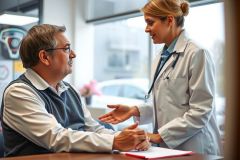 Doctor consulting with a patient in a medical office. The scene shows a healthcare professional in a white coat discussing with a male patient. Bright and professional environment.