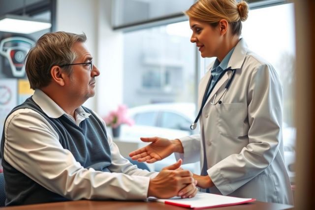 Doctor consulting with a patient in a medical office. The scene shows a healthcare professional in a white coat discussing with a male patient. Bright and professional environment.