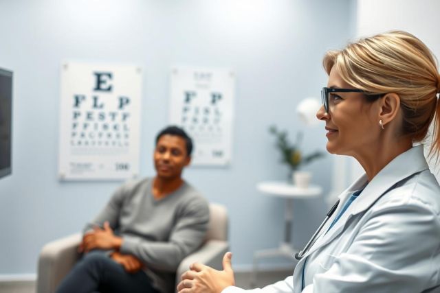 Doctor examining a patient in a bright, modern clinic. The image features an eye chart, suggesting an eye exam or vision check. Professional healthcare setting with a focus on patient care and wellness.