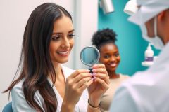 A dermatologist examines a patient's skin with a dermatoscope. Close-up view in a medical office setting, featuring a doctor and patient. Blue background, bright lighting, and focus on skin health.