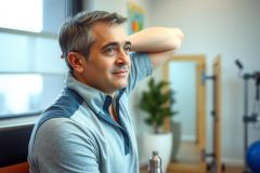 Man in blue workout clothes stands in a gym, looking thoughtful. Natural light floods the space with fitness equipment visible in the background. A calming, contemplative mood.