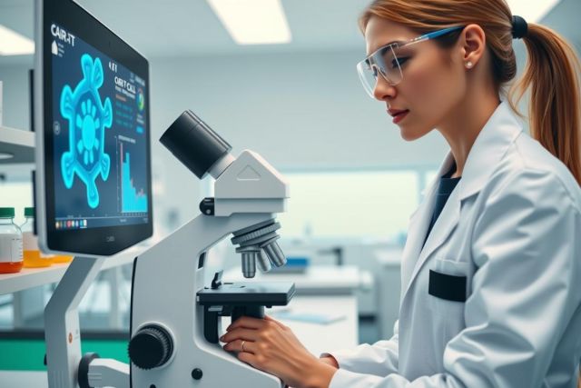 Scientist examines a microscope in a lab. The image shows a woman in a white coat, suggesting research and scientific work. The lab environment is brightly lit and clean, conveying professionalism.