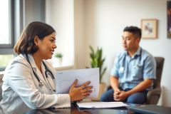 Doctor consults with patient in a bright clinic setting. Healthcare professional reviews documents while patient listens attentively. Warm colors and natural light create a welcoming atmosphere.