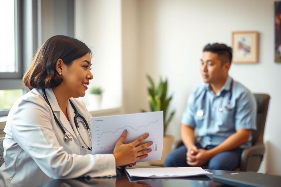Doctor consults with patient in a bright clinic setting. Healthcare professional reviews documents while patient listens attentively. Warm colors and natural light create a welcoming atmosphere.